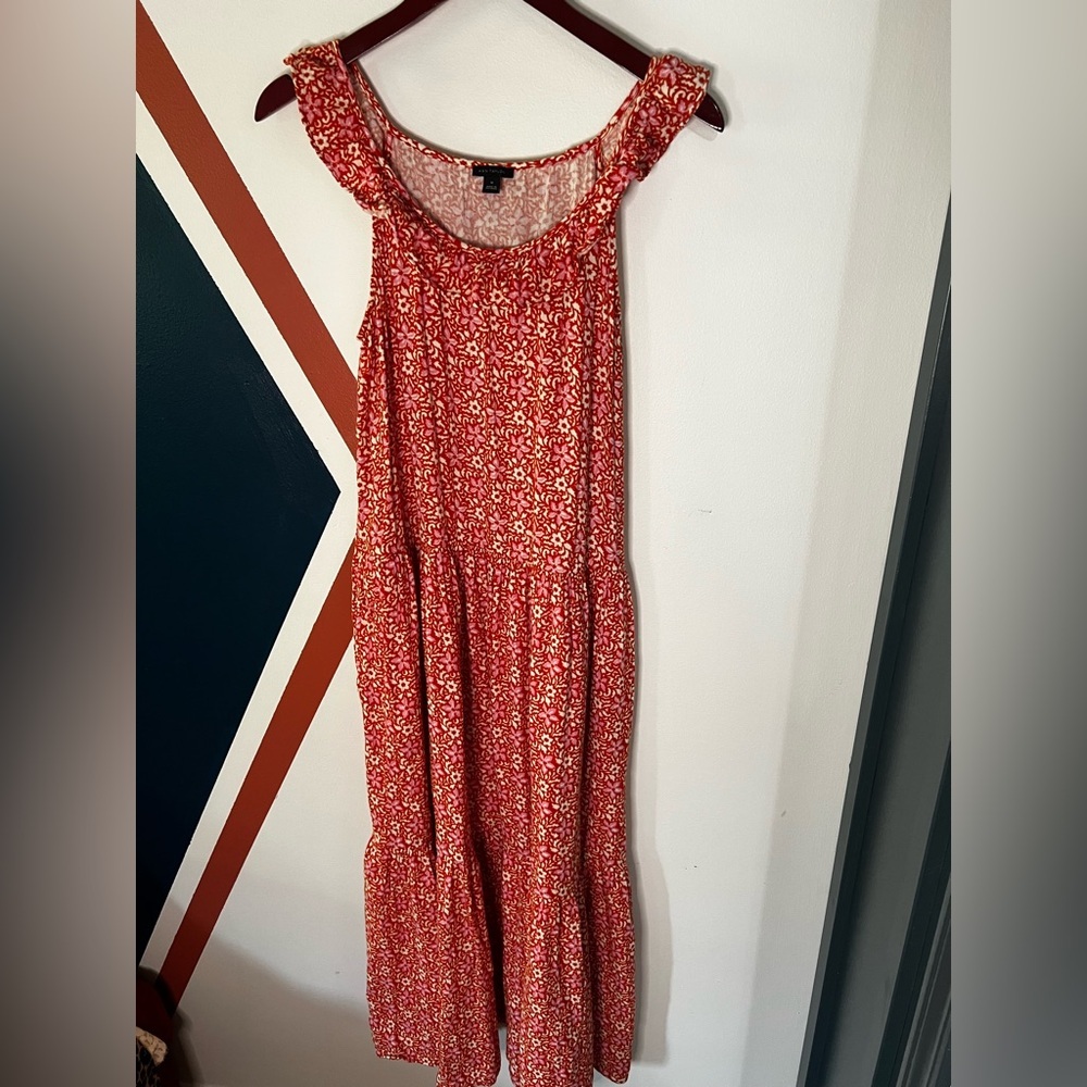 Ann Taylor Orange/Pink Floral Ruffle-Shoulder Maxi Dress